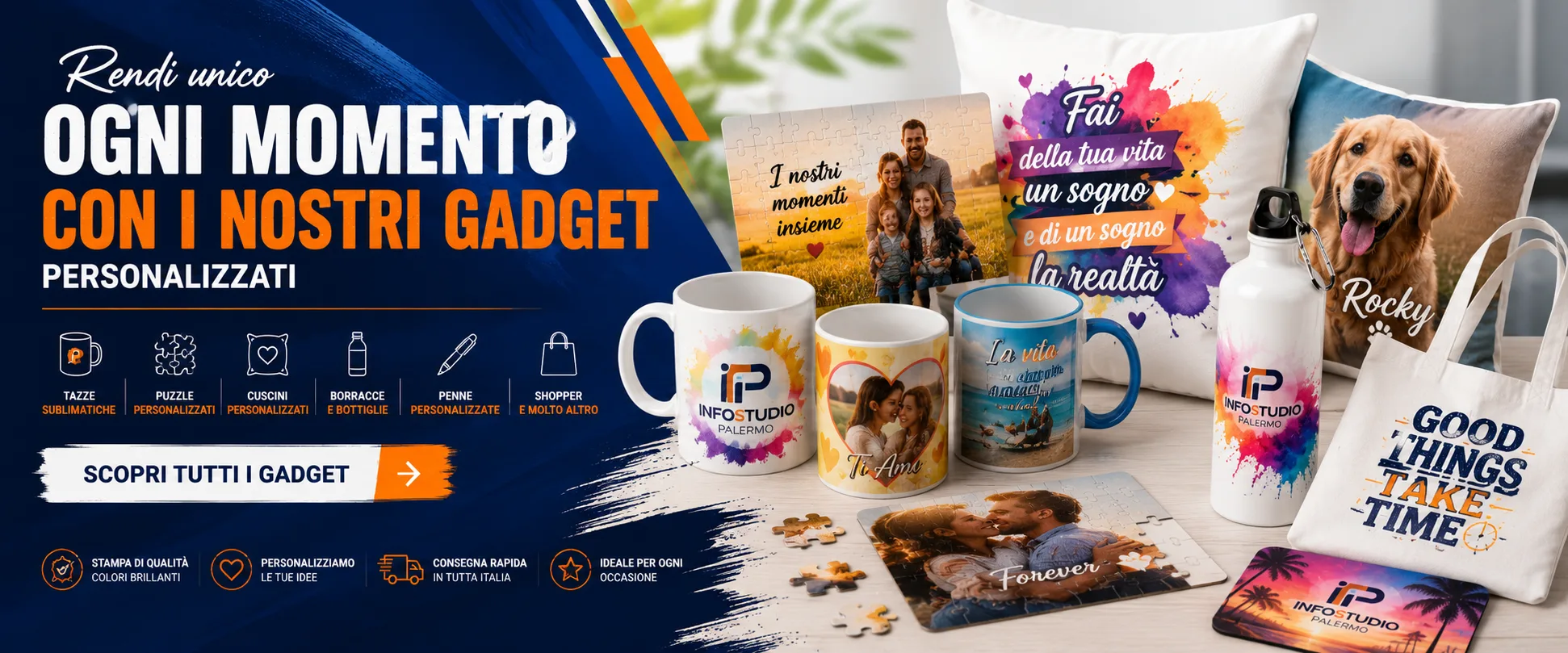 Gadget personalizzati con logo o grafica: tazze, borracce, portachiavi e oggettistica — Infostudio Palermo